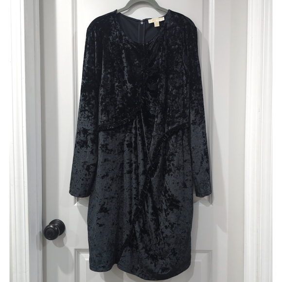 MICHAEL Michael Kors Crushed Black Velvet Bodycon Long Sleeve Dress, Ruffles, XL - Picture 2 of 15
